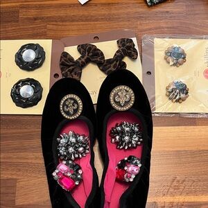 Lindsay Phillips Black Velvet Flats with Pink Soles and six embellishments